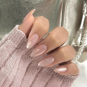 Press On Nails Pink Cat Eye Magnetic Almond Shape Medium Long With 3D Silver Bowknot Delicate Fashion Women Manicure