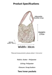 Floral shoulder bag dimensions 30x27x10cm with polyester fabric and adjustable strap