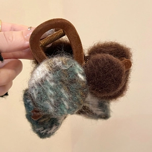 Plush woven bow hair claw clip in vintage brown and green for autumn winter accessories