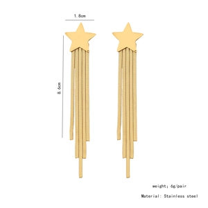 Detailed view of long gold tassel star earrings in stainless steel with measurements