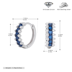 Detailed size specifications for S925 sterling silver hoop earrings with blue zircon