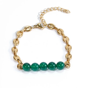 Vintage style gold-plated stainless steel bracelet with five natural green emerald beads