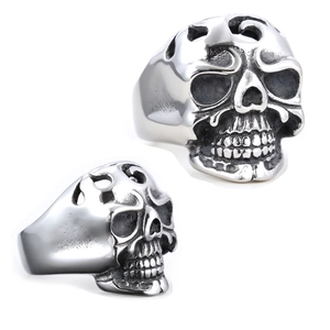 Gothic 3D hollow skull ring in silver stainless steel, punk rock style for men