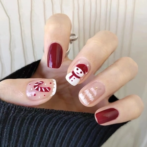 Christmas Press On Nails Short Square Fake Nails Red White Snowman Christmas Tree Detachable Holiday Manicure For Women