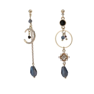 Asymmetric S925 silver moon and teardrop earrings with blue crystals and gold finish