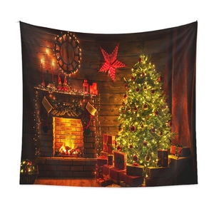 Close-up of bohemian Christmas tapestry featuring a cozy fireplace and decorated tree
