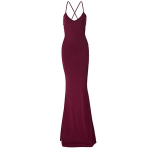 Elegant burgundy backless halter neck slim fit maxi dress with lace-up detail and mermaid cut