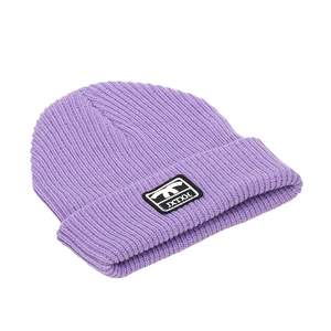 Women's light purple ribbed knit beanie with stylish logo patch for winter warmth