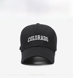 Detailed front view of black cotton baseball cap featuring white COLORADO embroidery