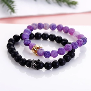 Vintage Natural Stone Crown Beaded Bracelet For Women Men Matte Agate Crystal Elastic Charm Bracelet Rhinestone Jewelry Gift