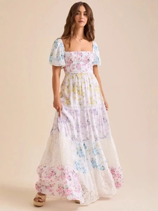 Robe Maxi Fleurie Froncée Pour Femmes Polyester Col Carré Manches Bouffantes Dentelle Patchwork Robe Longue Élégante