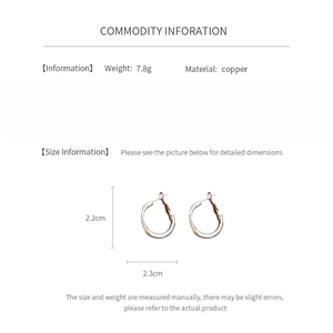 Detailed spec sheet showing 7.8g weight and copper material for small hoop earrings