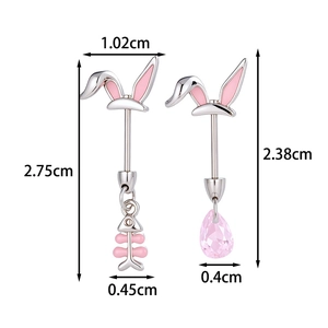 Pink rabbit ears cartilage earrings with fishbone and teardrop gem charms measurements