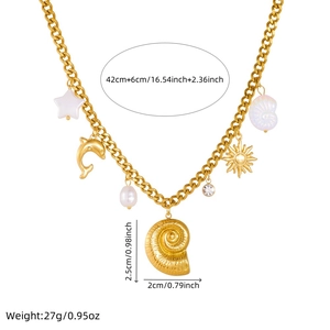 Gold stainless steel necklace featuring shell, dolphin, sun, and pearl ocean pendants