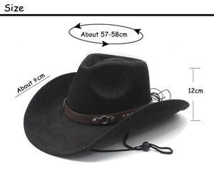 Detailed size specifications for black suede cowboy hat with measurements and wind rope