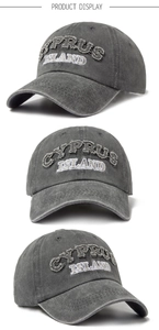 Detailed views of gray washed cotton baseball cap with Cyprus Island letter embroidery