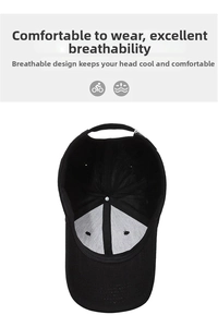 Detail of the black baseball cap's breathable mesh lining and 6-panel structure
