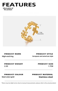 Détail de la bague ouverte en acier inoxydable plaqué or 18K avec motif de vigne