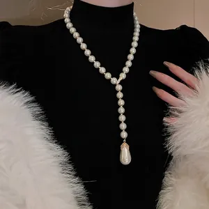 Elegant Y-Shaped Necklace With Faux Artificial Pearl And Waterdrop Pendant Alloy Rhinestone Sweater Chain For Women