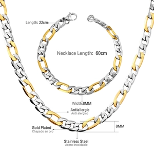 8mm stainless steel gold and silver Figaro chain necklace and bracelet jewelry set