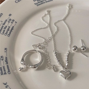 Elegant 925 sterling silver jewelry set with heart necklace, ring and ball earrings