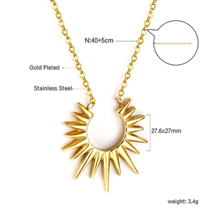 Detailed view of sunray pendant necklace with stainless steel gold plating and dimensions