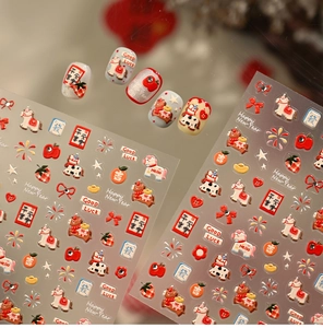 Macro view of 3D horse nail stickers with red apple and good luck festive designs