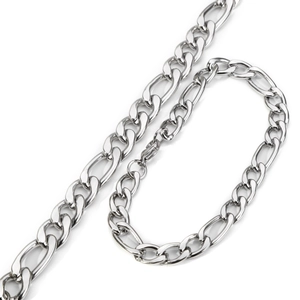 Silver Figaro chain necklace in stainless steel with secure lobster clasp on white background