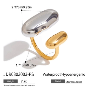Dimensions détaillées de la bague ovale en acier inoxydable doré et argenté
