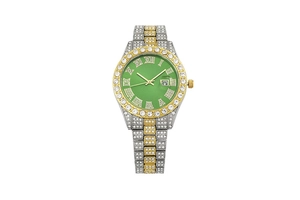 Detail of luxury iced-out watch with green dial, Roman numerals and silver-gold crystal band