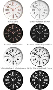 Collage of 12-inch modern wall clocks showing various color options and 3D numerals