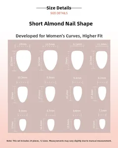 Size chart for short almond press-on nails with 12 sizes and 24 pieces in total
