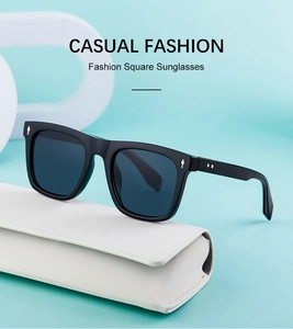Retro square sunglasses with black frame and gold rivets shown from a 45-degree angle