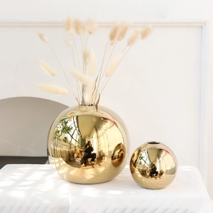Modern gold mirror ceramic ball vases in set of two for luxury home table decor