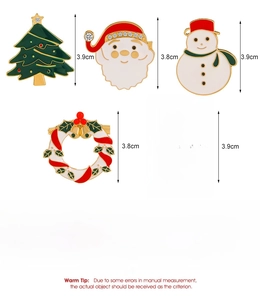 Detailed dimensions of Christmas tree, Santa, snowman and bell brooches made of alloy