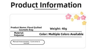 Detailed product specification of the floral quilted polyester cosmetic bag for travel