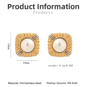 Detailed macro shot of vintage square 18K gold plated earrings with pearls and crystals
