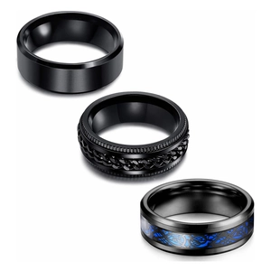 Detail of three black men's rings featuring chain spinning and blue dragon inlay designs