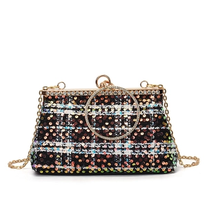 Tweed evening clutch bag with sequins, gold ring handle and metal chain strap