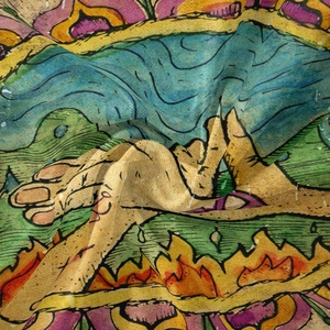 Close-up of bohemian wall tapestry fabric showing artistic illustration and soft texture