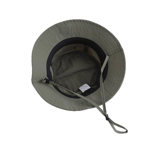 Olive green kids nylon bucket hat with UV protection and adjustable chin strap