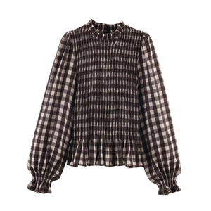 Women's honeycomb plaid long sleeve shirt with smocked chest and elegant puff sleeves