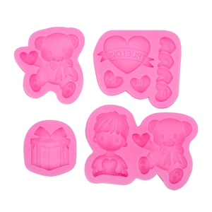 Pink silicone mold set featuring teddy bears and heart shapes for chocolate and fondant cake