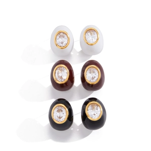 Retro C-hoop zircon stud earrings set in gold finish with red, black and white stones
