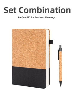 Eco-friendly A5 business notebook set with cork and black fabric texture and matching pen