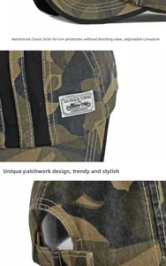 Dettaglio cappello camouflage con visiera rinforzata, patch laterale e fibbia in metallo