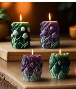 Detailed relief carving of tulip aroma candles in multiple colors on a wooden surface