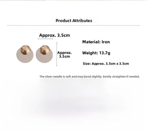 Detailed specs of geometric round golden earrings featuring 3.5cm size and silver posts
