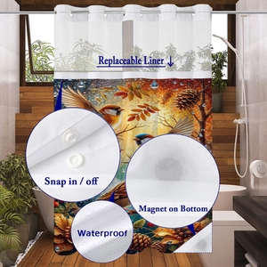 Waterproof waffle fabric shower curtain with bird print and snap-in replaceable liner