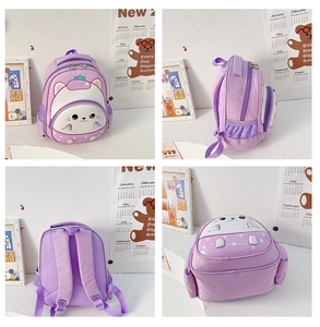 Multi-angle view of a purple cartoon cat kids backpack with cute 3D ears and side pockets
